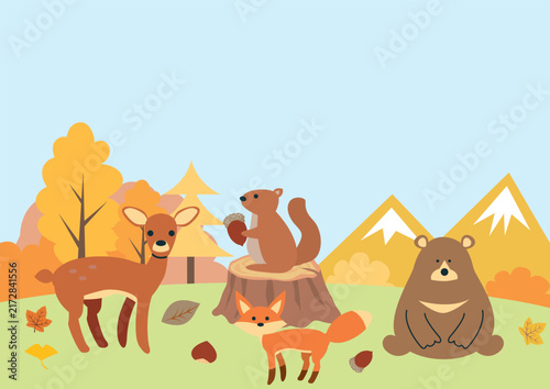 Naklejka 秋の動物と紅葉の手描風イラスト