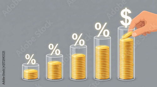 Saving money growth concept with coin stacks in glass tubes and percentage symbols