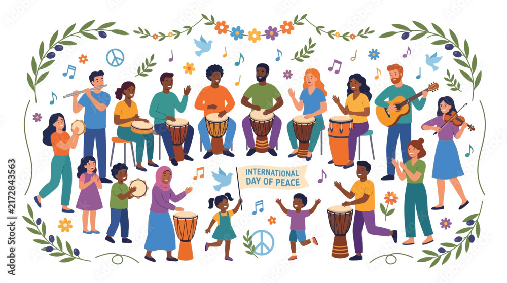 Fototapeta premium Diverse people celebrating International Day of Peace with music and dance