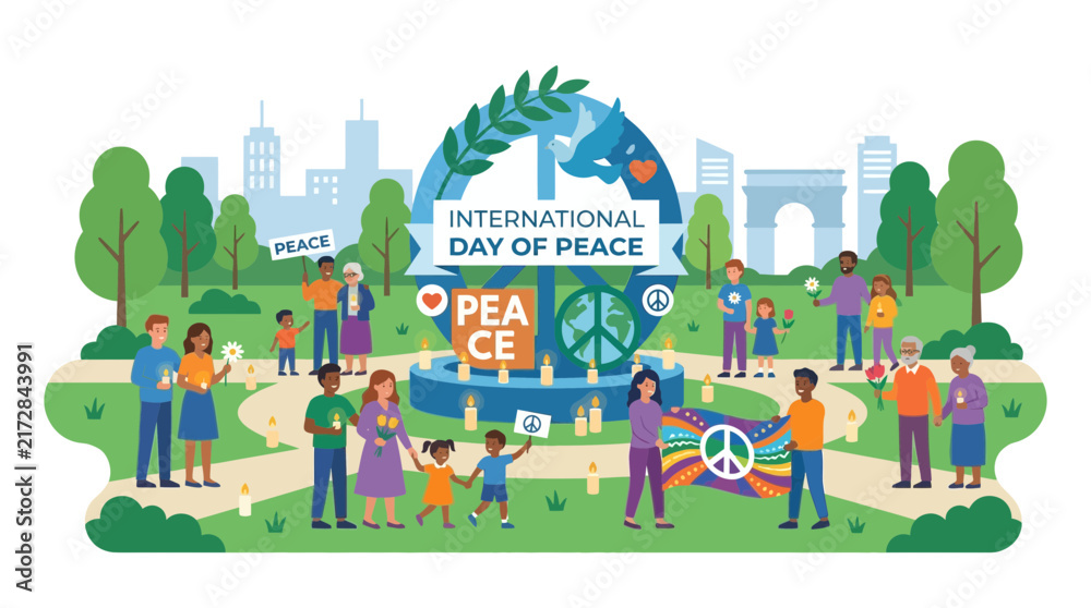 Fototapeta premium International Day of Peace Celebration with Diverse People Holding Candles and Peace Signs