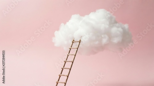 Ladder Reaching Cloud in Soft Pink Sky.
