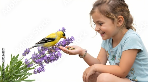 A young girl smiling as she gently feeds a small yellow bird seeds from her outstretched hand, with lavender flowers in the foreground