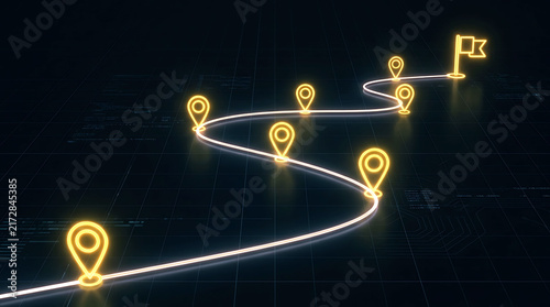 Neon map route with glowing checkpoints and a finish flag on dark grid