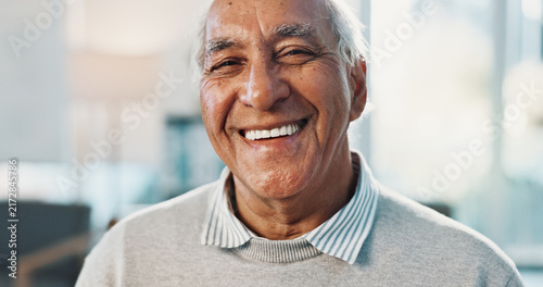 фотографія Portrait, smile and old man in retirement home with positive attitude, relax and good mood for wellness
