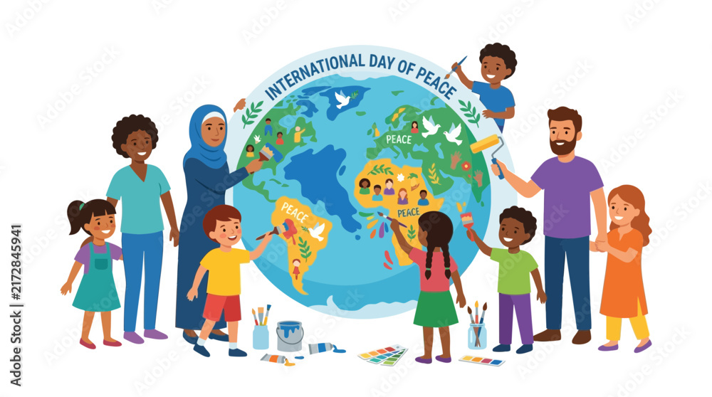 Naklejka premium Diverse Children and Adults Painting Planet Earth for International Day of Peace