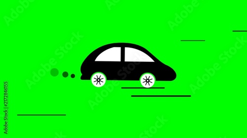 Animated cartoon car driving fast with motion lines on green screen