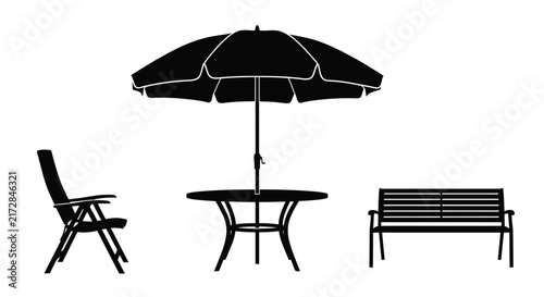 Patio furniture set with umbrella chair table and bench in black silhouette with outdoor furniture with against white background round table