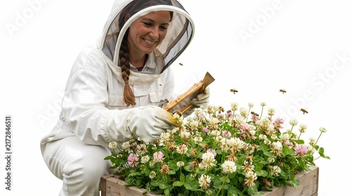 A female beekeeper in a protective suit tending to a vibrant clover patch with bees actively pollinating