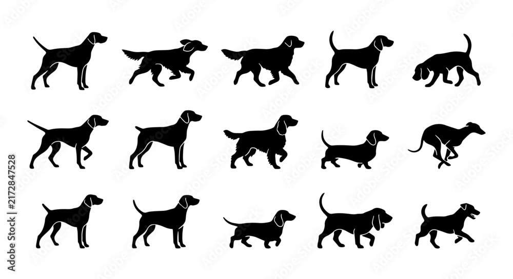 Obraz premium Dog Silhouettes Collection: Various Breeds and Poses, Vector Set for Design
