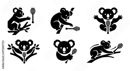 Canvas Print Cute Koala Icons Set, Australian Animal Vector Graphics, Nature & Food Themed Em