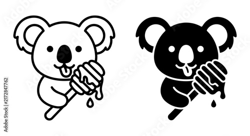 Canvas Print Cute Koala Holding Honey Dipper, Vector Icons Set: Black and White, Simple Carto