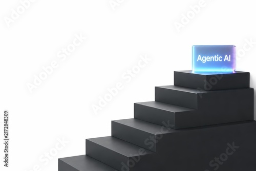 Agentic AI glowing sign on black stairs for modern tech concept photo