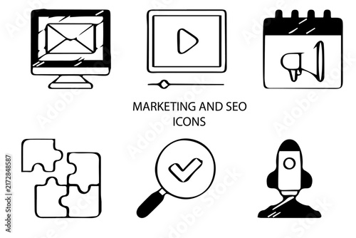 Set of 08 outline Marketing and Seo Element icons. Marketing and Seo Black and White Line icons set. Vector illustration.