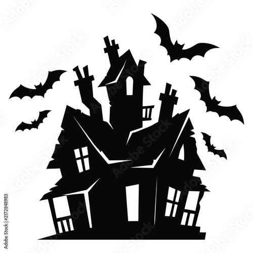 A black silhouette of a spooky haunted house surrounded by flying bats isolated on a white background.