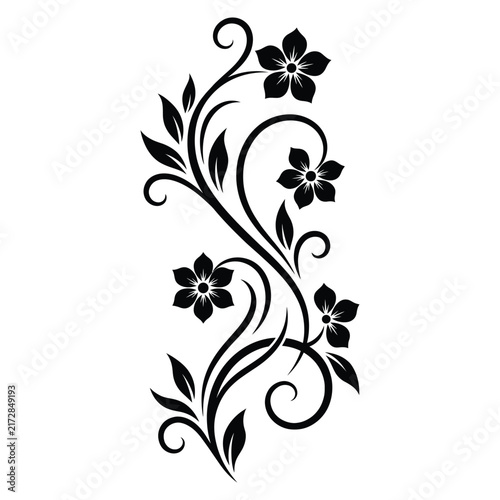 An elegant black and white floral flourish design with swirling stems and stylized flowers.