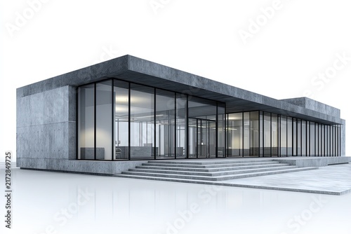 A modern, minimalist building with expansive glass walls and a concrete facade stands under a bright sky, showcasing sleek architectural design.