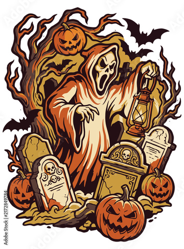 Vintage Ghost Carrying Lantern in Haunted Graveyard