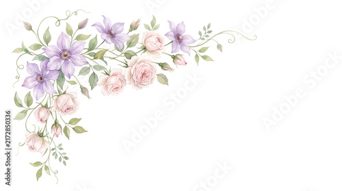 Watercolor corner arrangement with pink rose and purple clematis