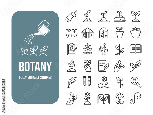 Botany and plant science web line icon set with gardening research growth and laboratory concepts. Editable stroke
