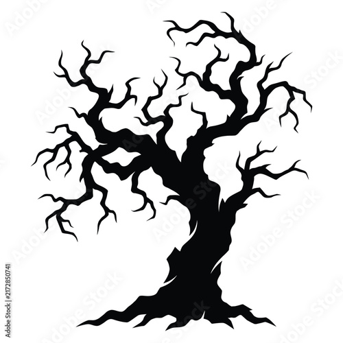 A black silhouette of a spooky bare tree with twisted branches isolated on a white background.