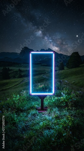 Neon-lit Smartphone Frame Illuminated Under Night Sky.