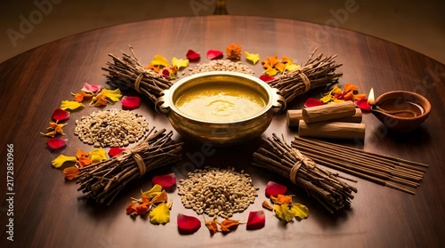 Sacred Fire Ritual Ingredients Arranged for Yajna Ceremony