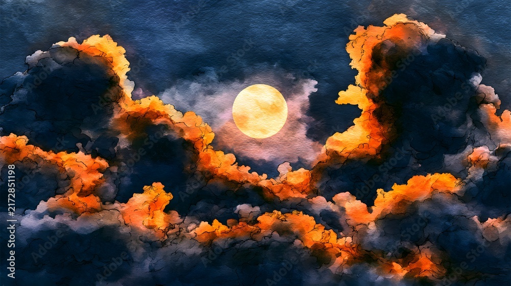 Fototapeta premium Ethereal watercolor of a glowing full moon amidst dramatic clouds with golden amber highlights