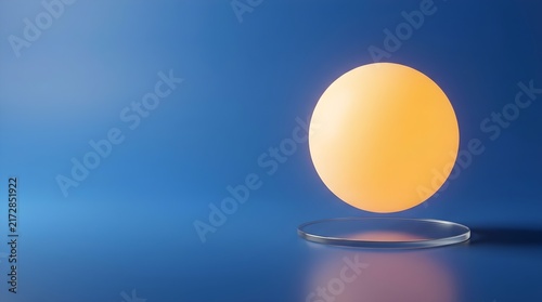 Floating glowing orange sphere on reflective transparent stand against blue gradient background