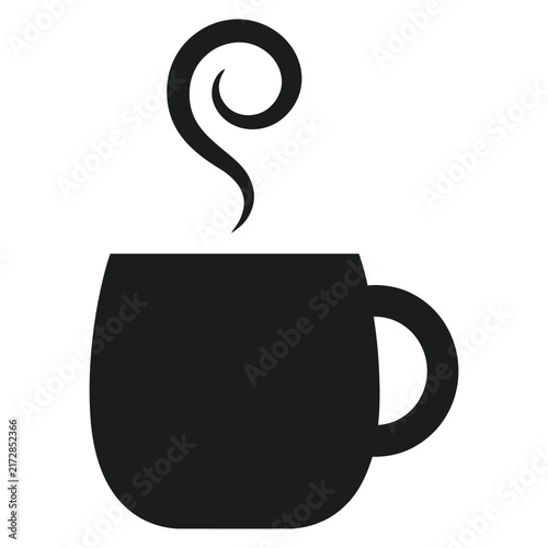 A simple black icon of a steaming mug of coffee or tea isolated on a white background.