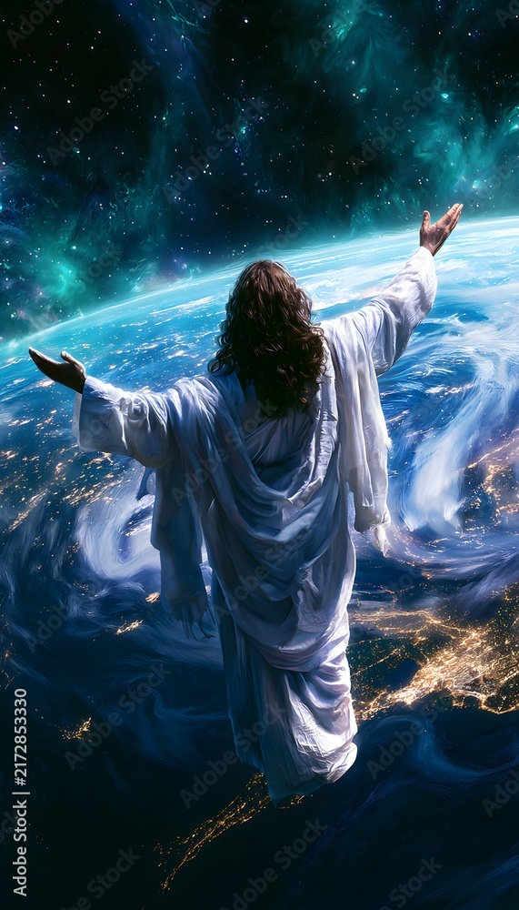 Fototapeta premium Cinematic Painting of Jesus Christ Blessing Earth from Space Amidst a Radiant Celestial Nebula