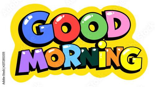 Good morning text in glossy 3d bubble letters with playful black outlines and a yellow irregular backdrop, colorful and cheerful on a transparent background for upbeat designs