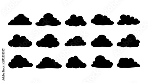 Set of dark clouds silhouettes on transparent background, representing different weather conditions, atmospheric elements, smoke, steam, and storm icons for design projects