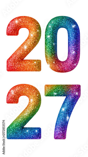 Year 2027 numbers in rainbow glitter effect, sparkling with vibrant colors, symbolizing new beginnings, celebration, and festive events with a transparent background