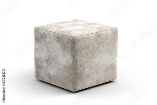 A simple cube-shaped ottoman upholstered in a textured gray fabric, showcasing a minimalist design with a subtle marbled effect, resting on a clean white background.