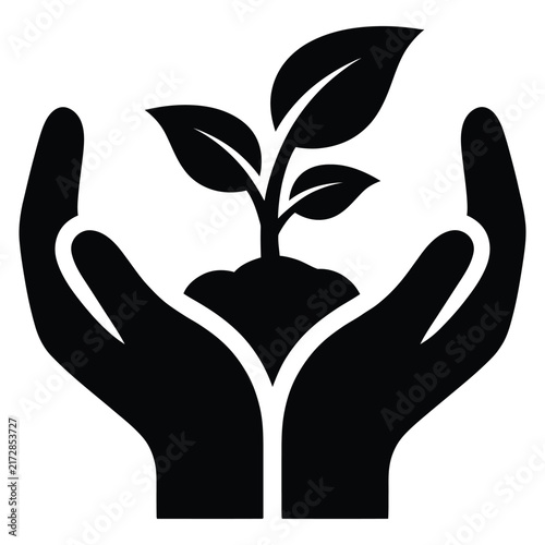A flat vector icon depicting a pair of hands gently cupping a small growing plant.
