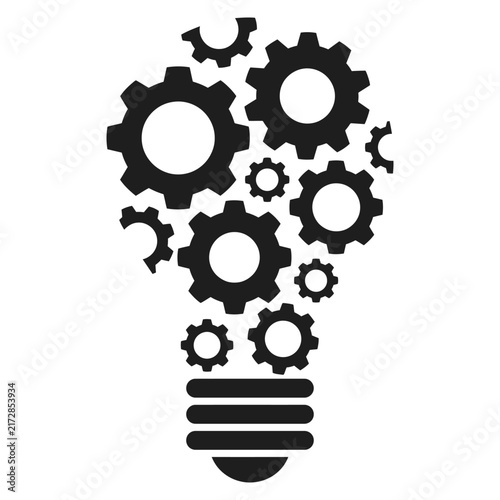 A minimalist black icon of a lightbulb constructed from various mechanical gears and cogs.