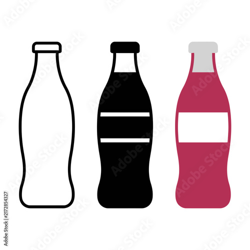 Three soda bottles in different colors and designs on white background simple icons
