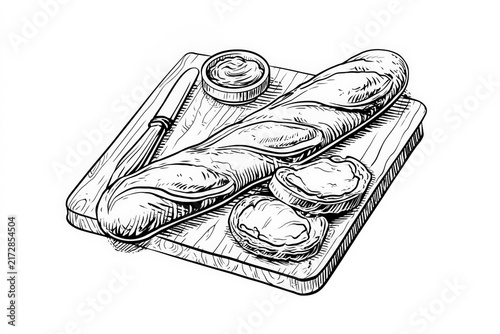 Black and white minimalistic ink illustration of a fresh crusty baguette sliced on a wooden board with butter knife