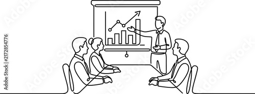 Business Meeting Presentation of Growth Chart with Team Discussion Line Art Style