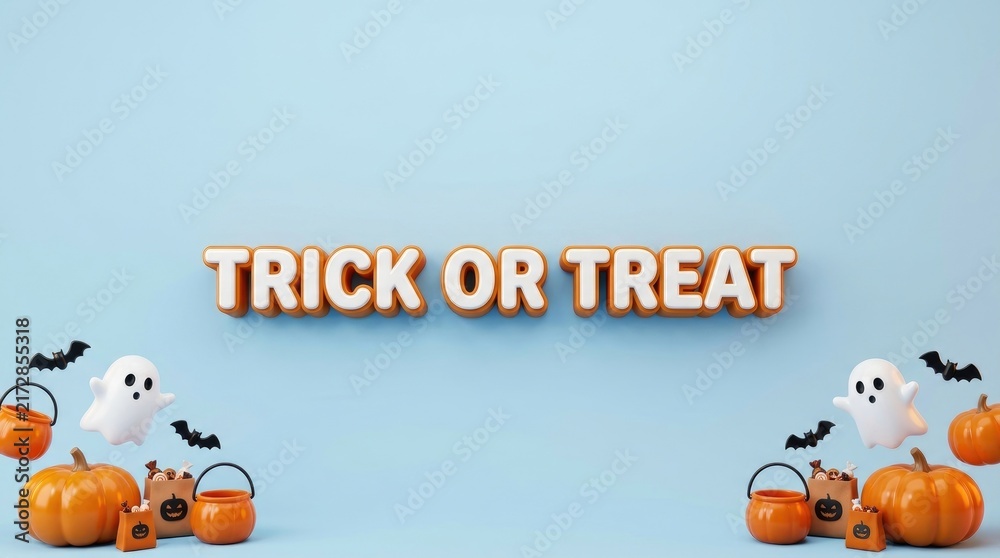 Fototapeta premium A festive trick or treat 3d halloween typography design featuring cute pumpkins and ghosts on a soft blue background