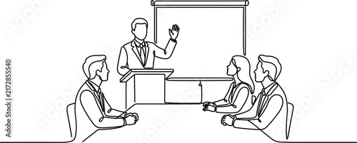 Business meeting presentation speaker at podium audience listening whiteboard background line art