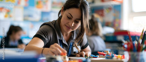 Young female student concentrating while drawing at colorful classroom desk, with blurred classmates and art supplies creating focused educational atmosphere for learning and creativity