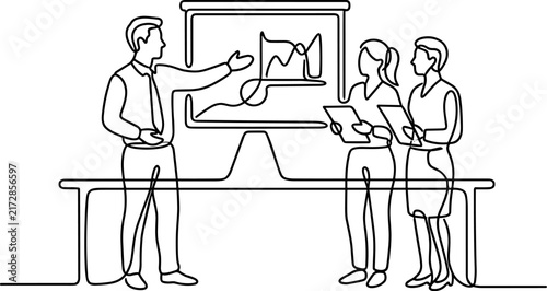 Business meeting presentation team analyzing data on screen and charts