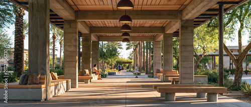 Covered outdoor walkway with timber columns, benches, palm trees, and warm evening light creating calm public garden setting for pedestrians and community gathering