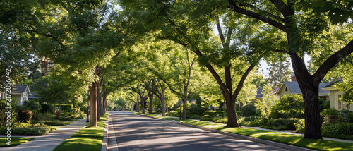 Tree lined residential street with mature shade trees, green lawn, sidewalk, and detached homes creating peaceful suburban streetscape