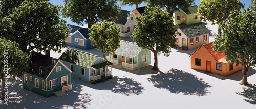 Miniature house village beneath leafy tree canopy creates peaceful residential scene with colorful facades, roof detail, sunlight, and long shadows across ground