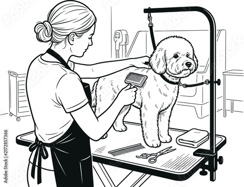 Groomer brushing a fluffy white dog on a grooming table with tools nearby during a salon session