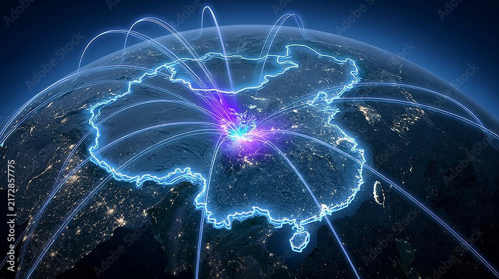 Fototapeta premium Digital map of China with routes radiating from a central hub representing national logistics cloud infrastructure smart transportation regional connectivity and data networks