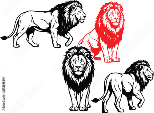 Majestic lions in dynamic poses with bold linework and a touch of red accent
