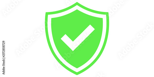 Obraz na plátně Neon green shield icon with checkmark symbol for cybersecurity software or verified status web interface elements